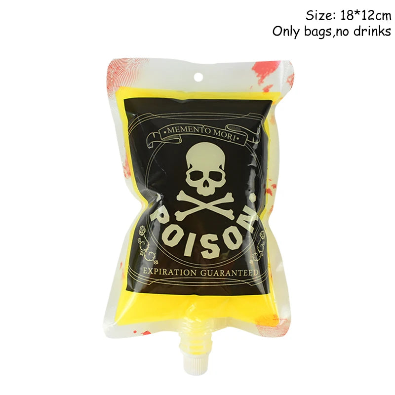 A decorative pouch with a skull and crossbones design, labeled "Poison" and "Memento Mori." The pouch is yellow, adorned with red splotches, measuring 18x12 cm.