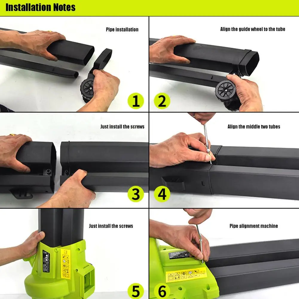 Installation guide showing six steps: connecting black tubes, aligning the guide wheel, connecting middle tubes, installing screws, and attaching to a green base with labeled sections.