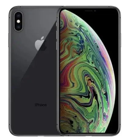 Front and back view of a sleek black smartphone with a vibrant, swirling green and pink wallpaper displayed on its screen. The back features a dual-camera setup and an Apple logo.