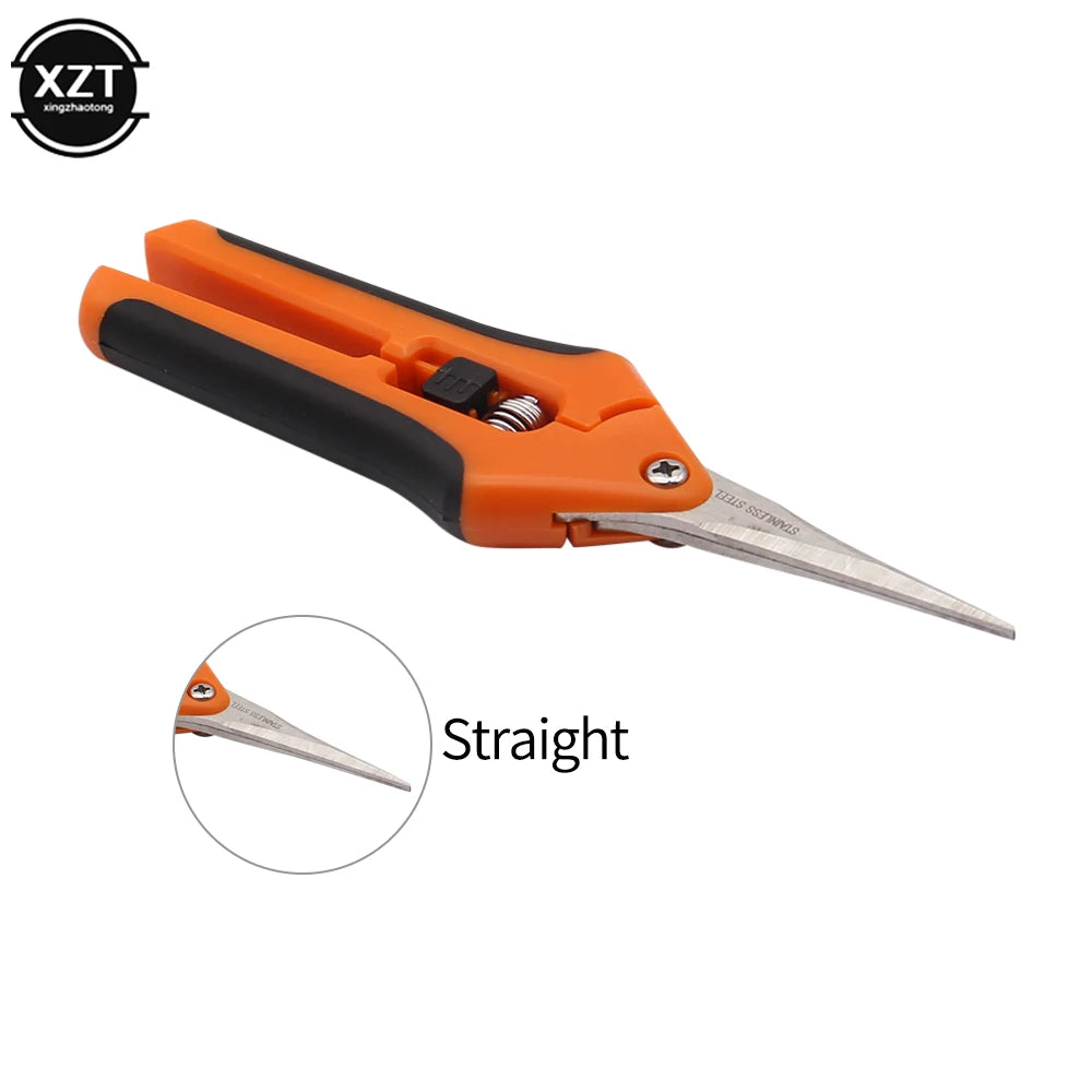 Orange pruning shears with black handles featuring a straight stainless steel blade and a spring mechanism. Circular inset highlights the sharp blade tip.