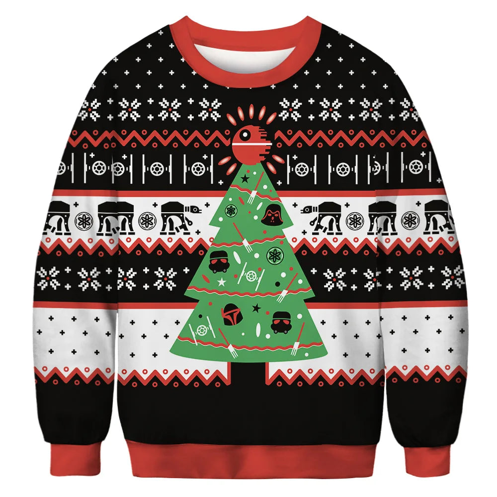 Black and red sweater with a Christmas tree design featuring Sci-Fi elements, including spaceships and helmets. Repeated geometric patterns in red, black, and white.