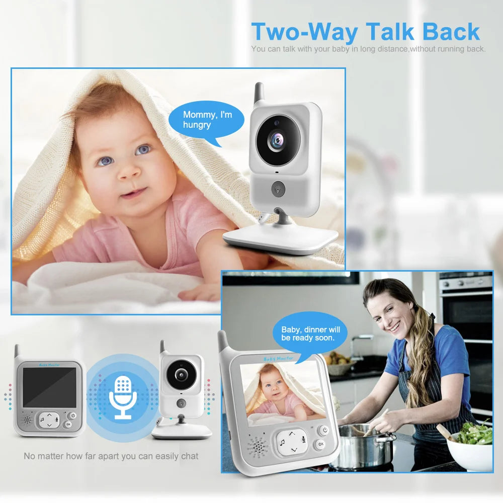 Baby monitor advertisement showing a baby under a blanket with speech bubble "Mommy, I'm hungry." A woman cooking replies via monitor, "Baby, dinner will be ready soon."