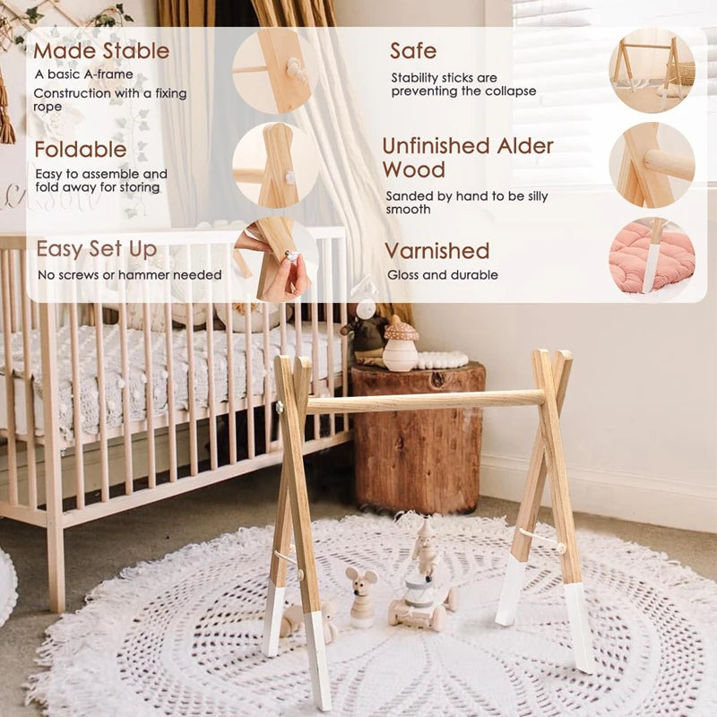 Wooden A-frame baby play gym in a cozy nursery. Text highlights features: stable, foldable, easy setup, safe, unfinished alder wood, and varnished finish. White crochet rug below.
