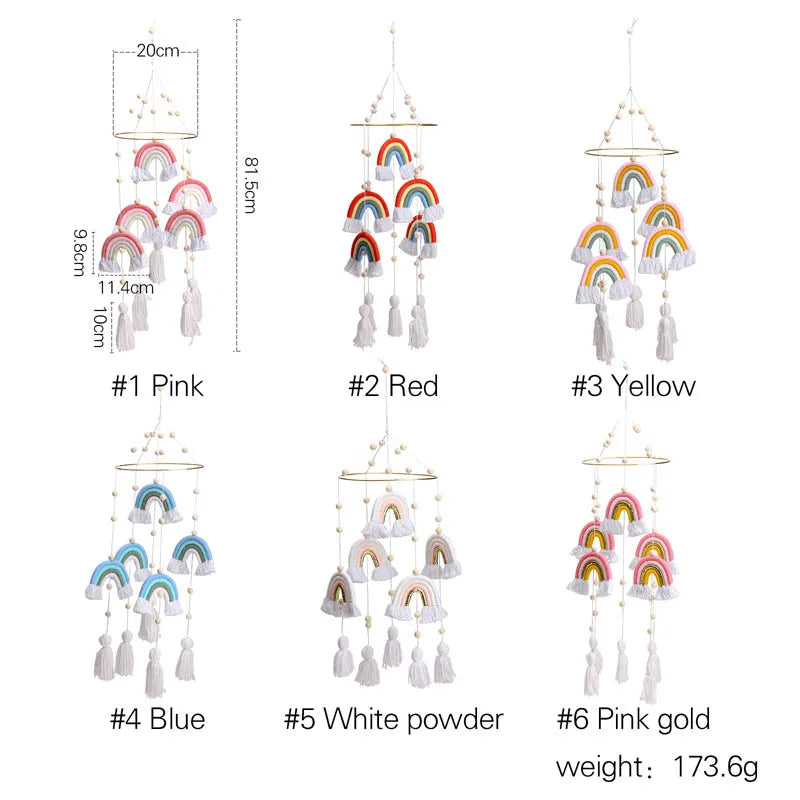 Six rainbow-themed hanging mobiles are displayed, labeled by color: Pink, Red, Yellow, Blue, White powder, and Pink gold. Dimensions and weight are provided above each.