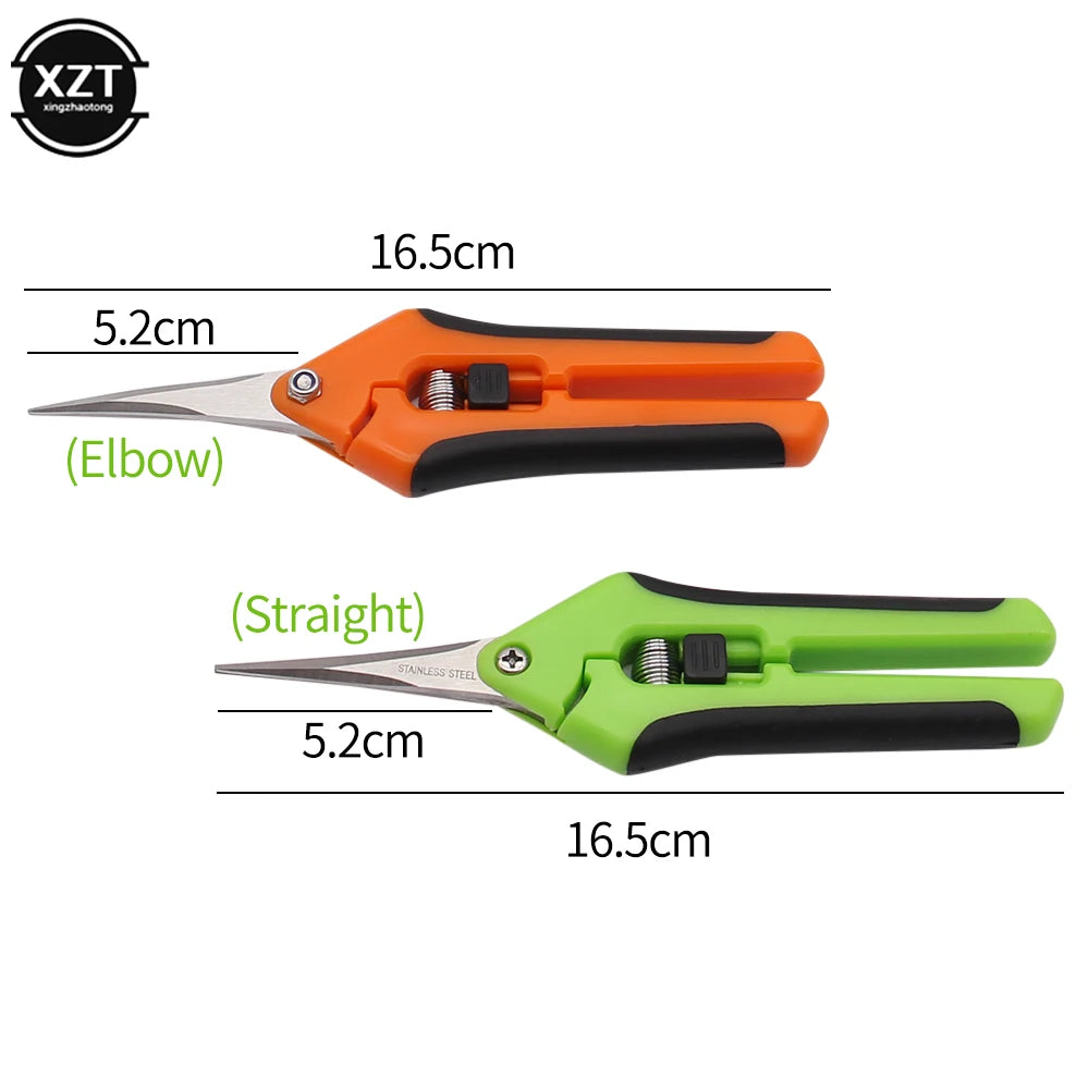 Two gardening shears are pictured: one orange with elbow blades and one green with straight blades. Both are 16.5cm long, with 5.2cm stainless steel blades.