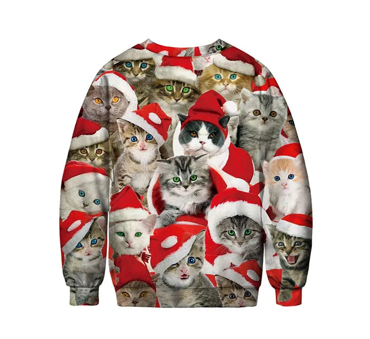 Sweater featuring a collage of various cats wearing Santa hats, set against a festive red and white background. Each cat displays unique expressions and eye colors.