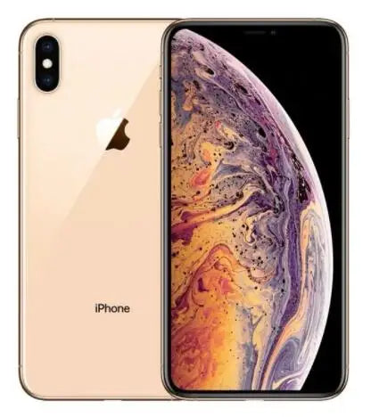 Gold iPhone with dual rear cameras, facing forward and backward. The front screen displays a colorful abstract swirl pattern in purple, orange, and yellow hues.