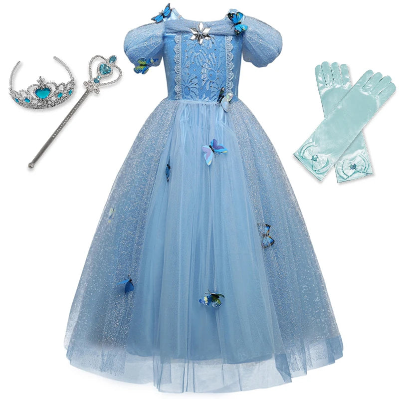 Blue princess dress with butterfly accents, matching gloves, silver tiara, and wand with blue heart-shaped details, perfect for a fairy-tale costume.