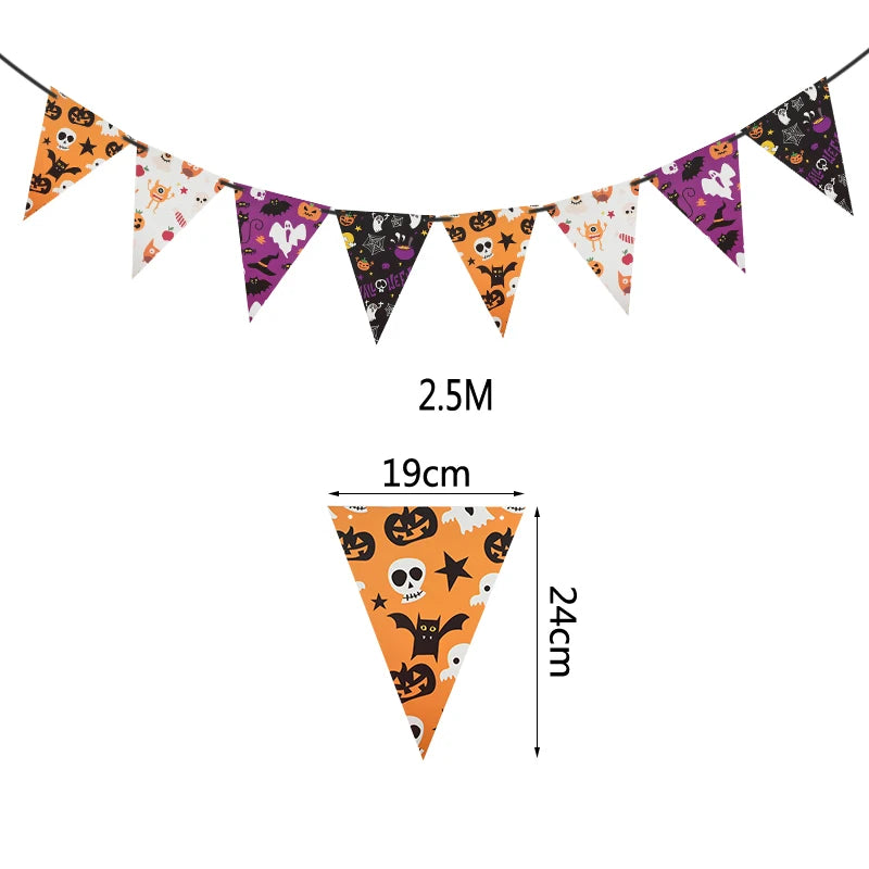 Halloween-themed bunting with triangular flags measuring 19cm by 24cm each across 2.5 meters. The flags feature festive designs with pumpkins, bats, ghosts, skulls, candy, and stars in orange, black, purple, and white.