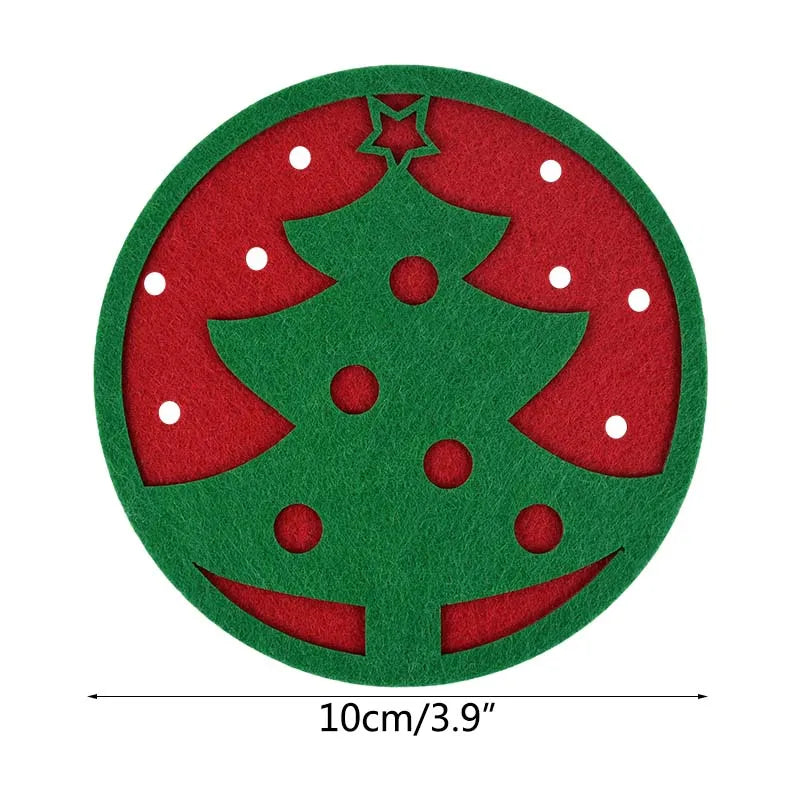 Circular green and red felt ornament with a cutout of a Christmas tree and star. The ornament is 10 cm (3.9 inches) wide, featuring several round cut-out decorations.