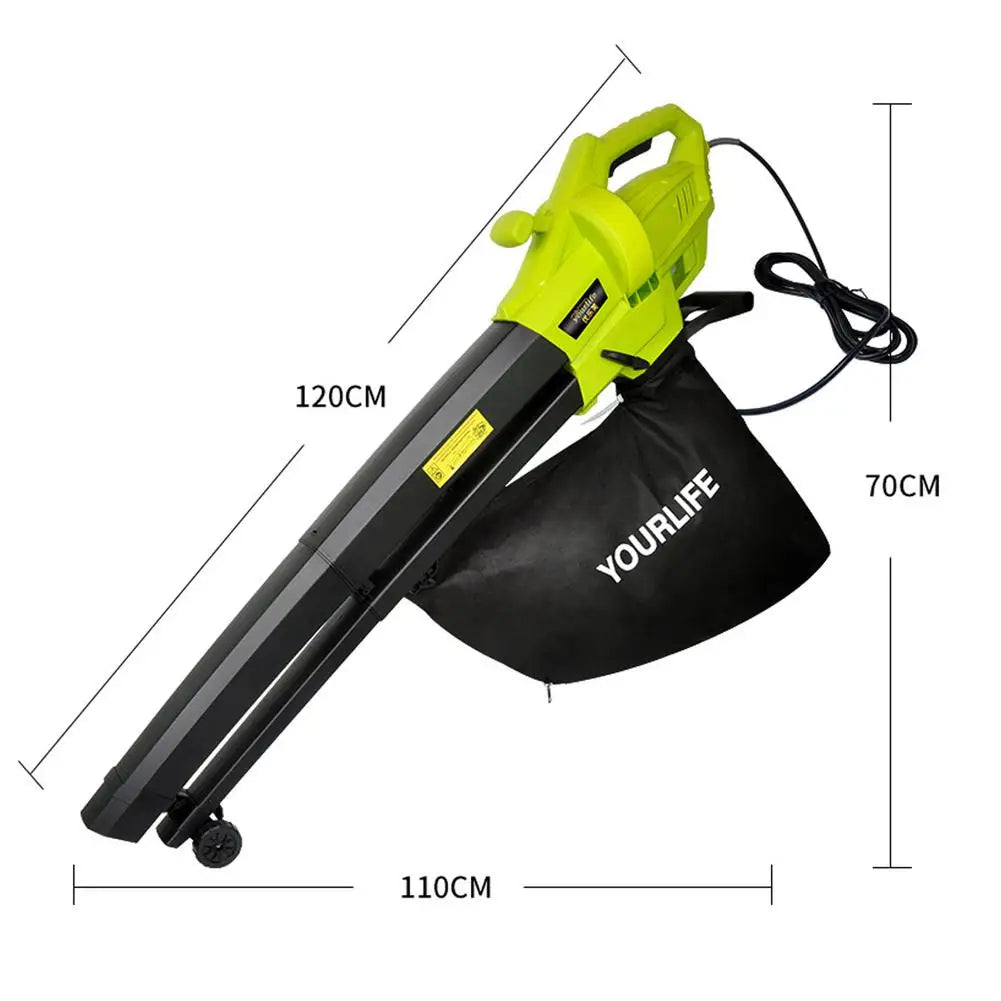 Green leaf blower with black collection bag labeled "YOURLIFE." The blower features a long nozzle and is 120cm in length, with additional dimensions marked. Electric cord attached.
