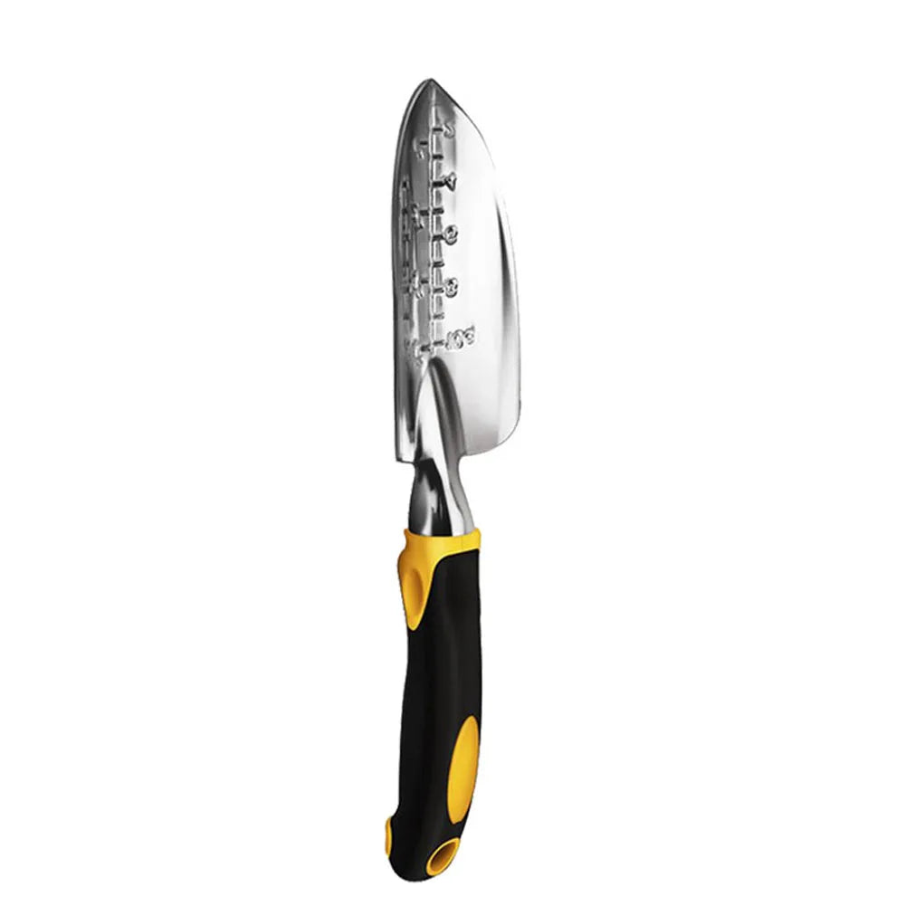 Stainless steel gardening trowel with a measurement scale on the blade. Features a black and yellow ergonomic handle for comfortable grip, isolated on a white background.