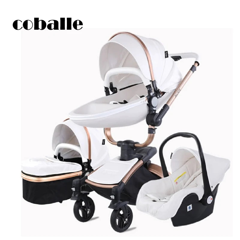 White and rose gold convertible baby stroller with detachable bassinet and car seat. Features adjustable canopy and black wheels, suitable for infants and toddlers. Brand name: Coballe.