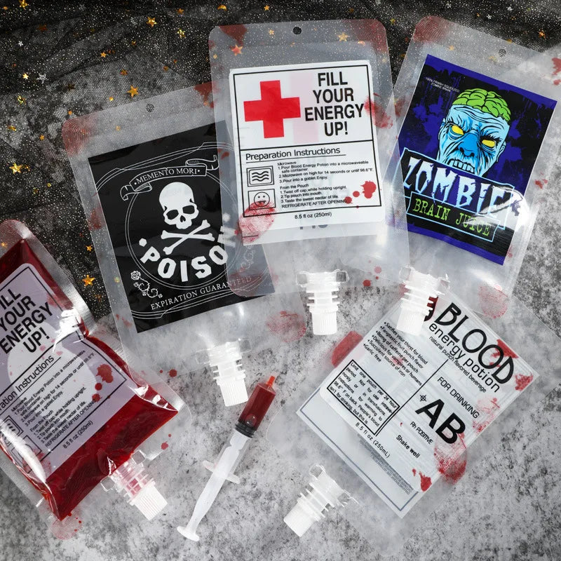 Novelty drink pouches designed like medical supplies, labeled with phrases like "Poison," "Zombie Brain Juice," and "Blood Energy Potion." A syringe and splatters add thematic flair.