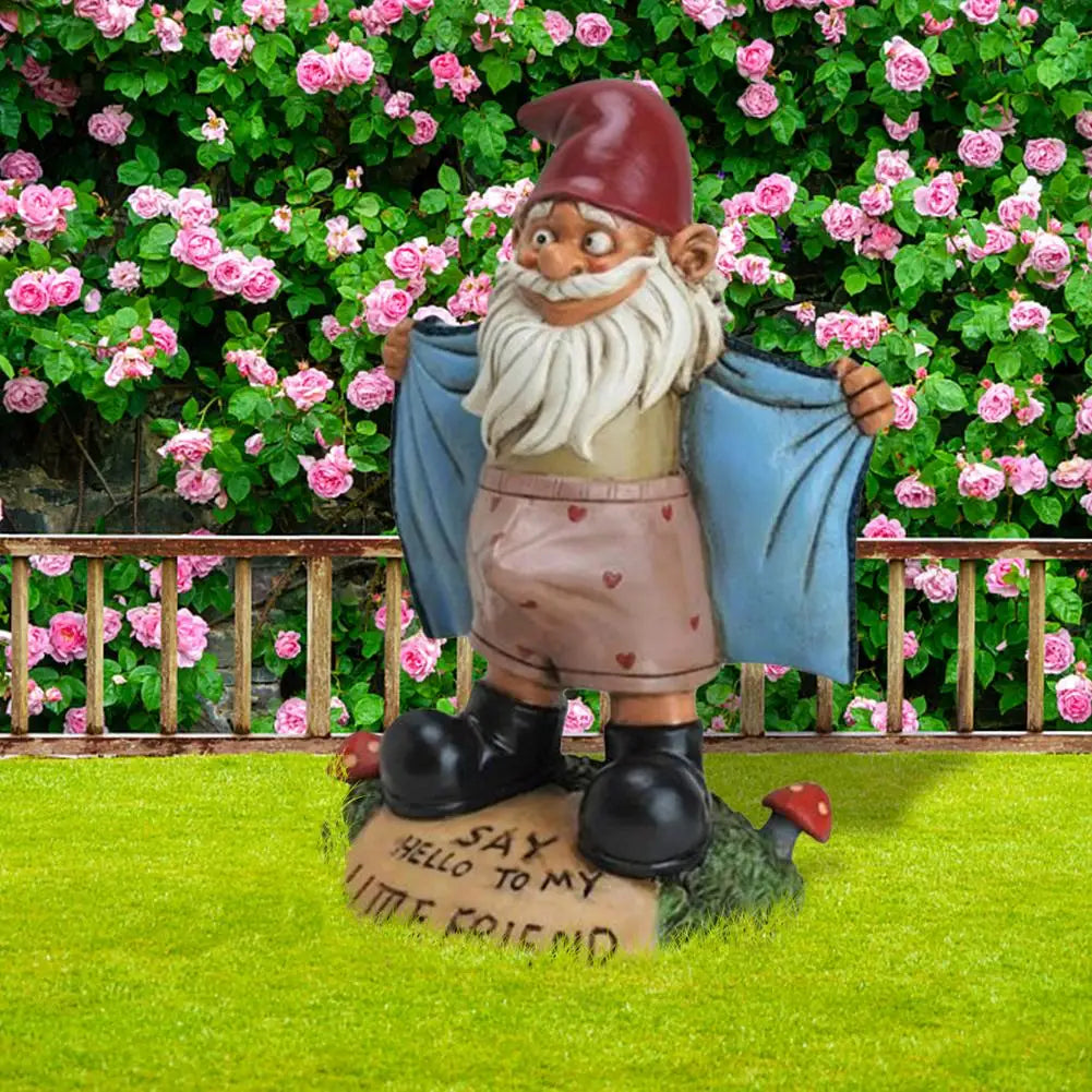 A garden gnome displaying a cheeky pose with open coat, pink shorts with hearts, and black boots stands on grass, with pink roses and a wooden fence in the background.