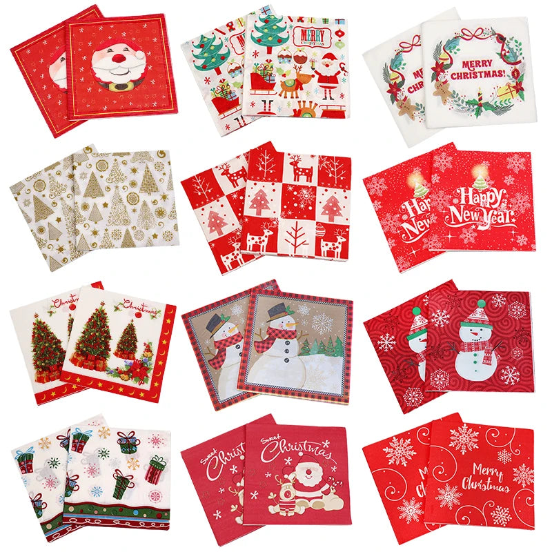 Various festive Christmas napkins with colorful designs including Santa, snowmen, trees, and reindeer, each set showcasing a unique holiday theme against red and white backgrounds.