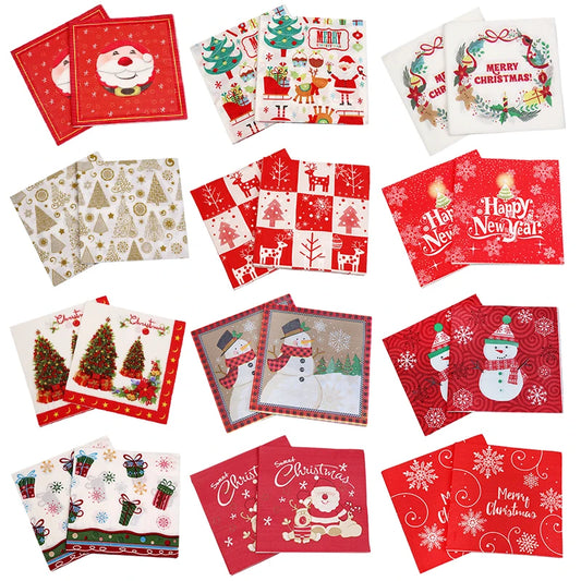 Various festive Christmas napkins with colorful designs including Santa, snowmen, trees, and reindeer, each set showcasing a unique holiday theme against red and white backgrounds.