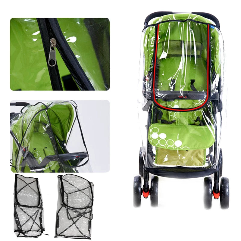 A green stroller with a transparent rain cover. Includes close-ups of the zippered cover and side view, plus two folded covers. The stroller has circular white designs.