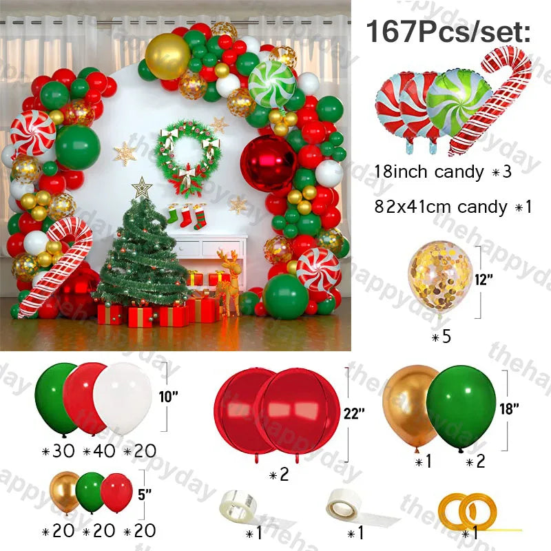 Festive Christmas balloon arch kit with candy-themed decorations, gold and red balloons, a Christmas tree, and presents. Includes assorted balloon sizes and colors for a 167-piece set.