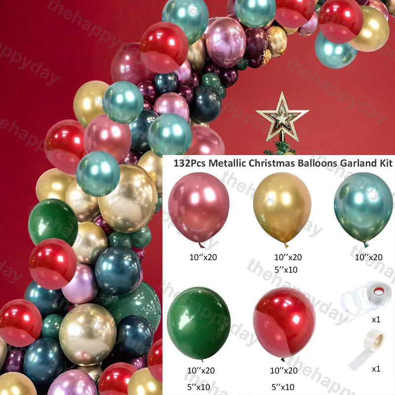 A garland made of metallic balloons in red, gold, teal, and purple is displayed on a red background. It includes an assembly kit with balloons of various sizes and a star tree topper.
