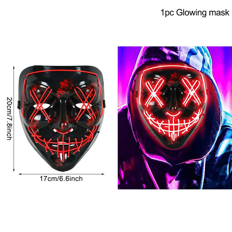Black mask with red glowing Xs over eyes and stitched smile design, measuring 20cm x 17cm. On the right, person in hood wearing the mask against neon blue-pink background.