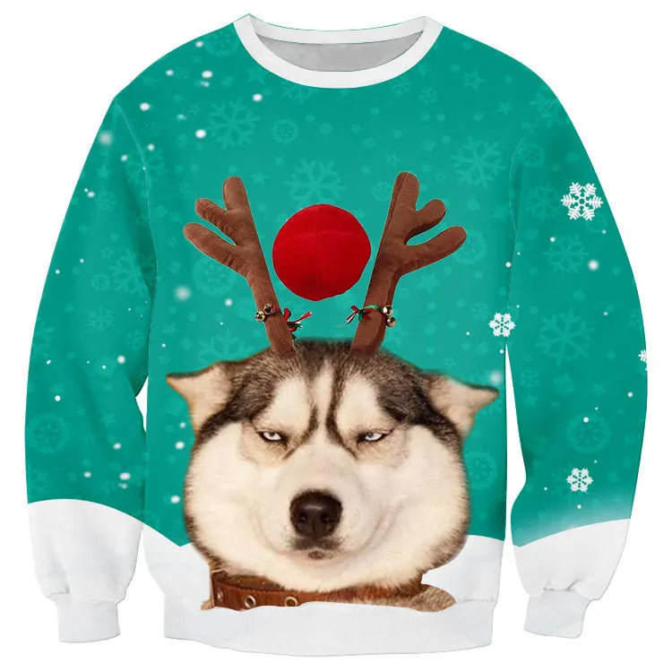 Sweater with a husky face wearing reindeer antlers and a red nose. The background is teal with snowflakes, creating a festive holiday theme.