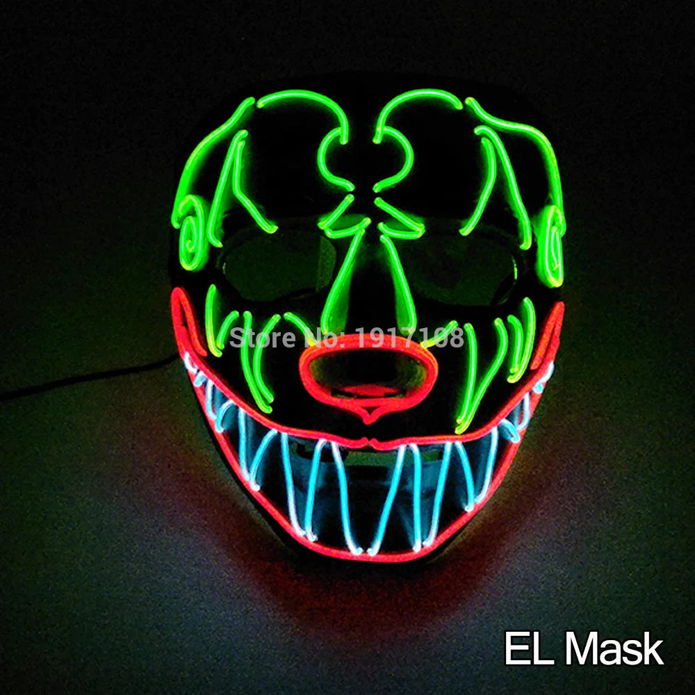 LED clown mask glowing in the dark with green, red, and blue neon outlines forming exaggerated features and sharp teeth. Text at bottom right reads "EL Mask."