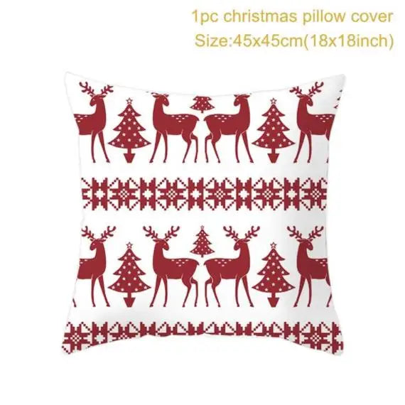 White pillow cover featuring red reindeer and Christmas trees, with Nordic pattern bands. Dimensions are 45x45cm (18x18 inches).