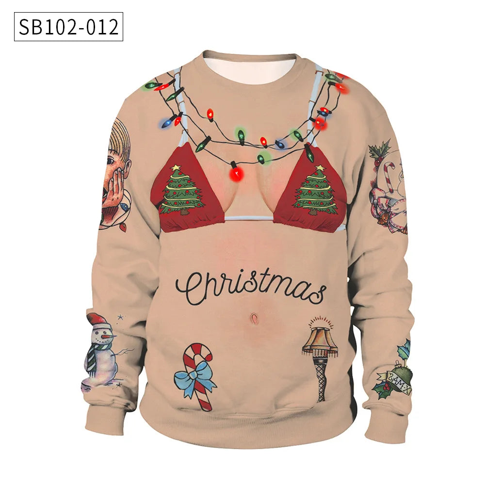Beige Christmas sweater with festive designs including a bikini top with trees, Christmas lights, a snowman, candy cane, and the word "Christmas" on the front.