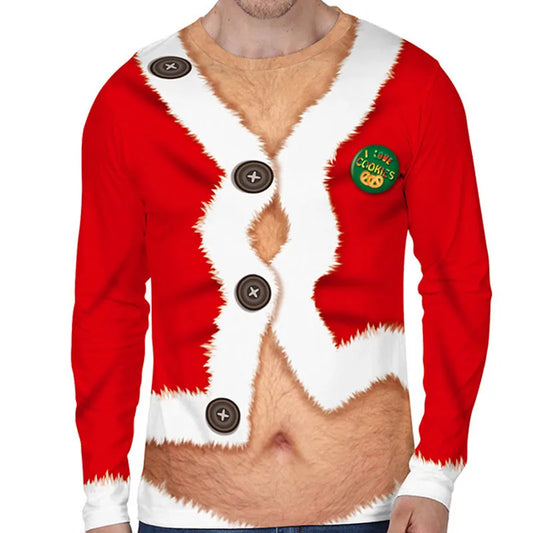 Man wearing a humorous Christmas sweater resembling a bare chest and Santa suit with buttons and a badge reading "I love cookies," in red and white colors.
