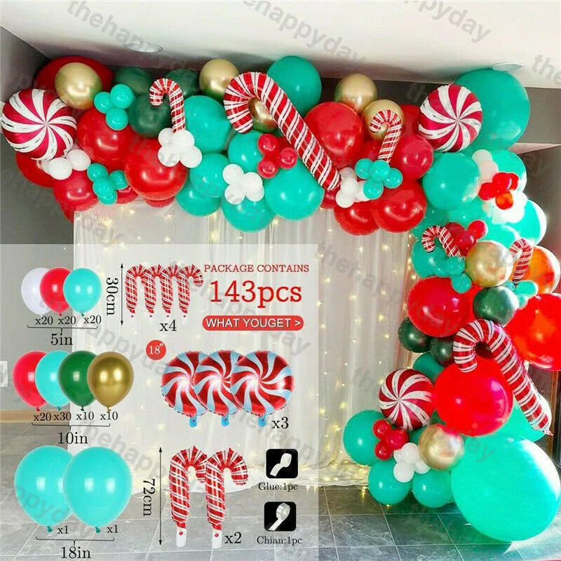Festive balloon arch kit with red, green, white, and gold balloons. Includes candy cane and peppermint spirals. Contains 143 pieces for decoration.