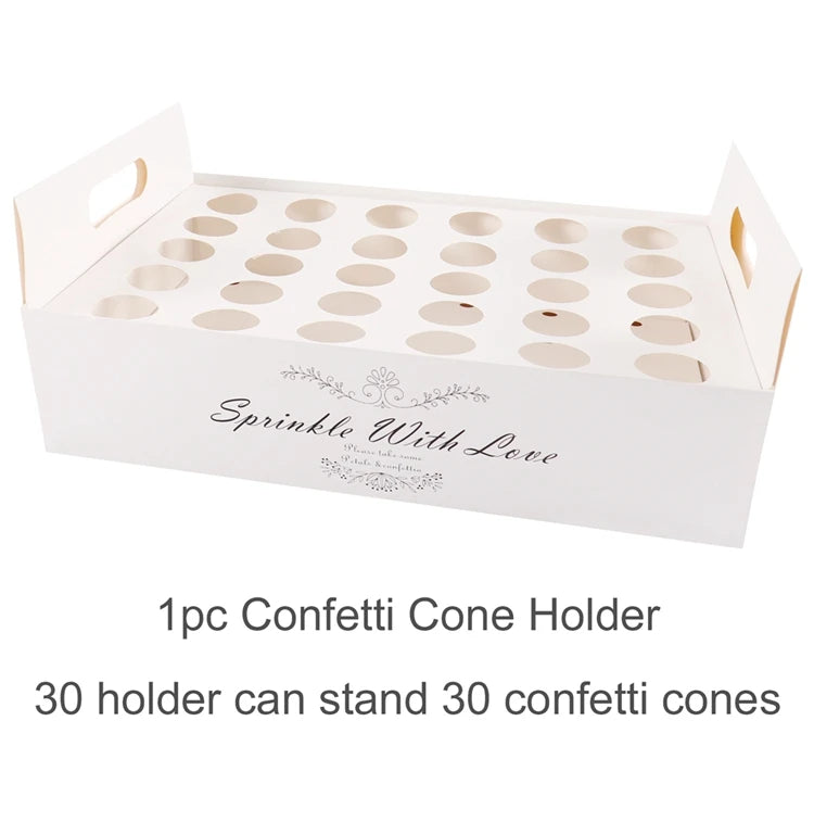 White confetti cone holder with "Sprinkle With Love" text, featuring 30 circular slots for holding cones. Handles on sides, with product description below: "1pc Confetti Cone Holder."