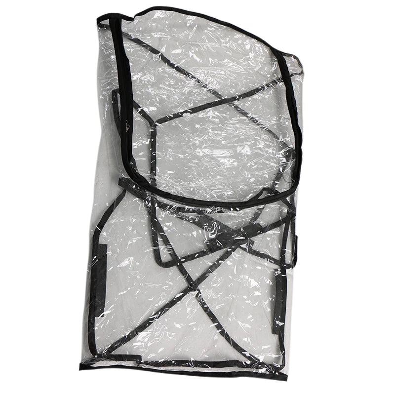 Clear plastic garment cover with black edges and handle, lying flat. Designed for protecting clothing, it features a zipper closure and transparent material for visibility.