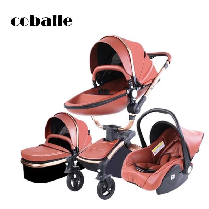 Red and black modular stroller system with detachable components including a bassinet and car seat, featuring a sleek design and gold accents. Brand name Cobelle is visible.
