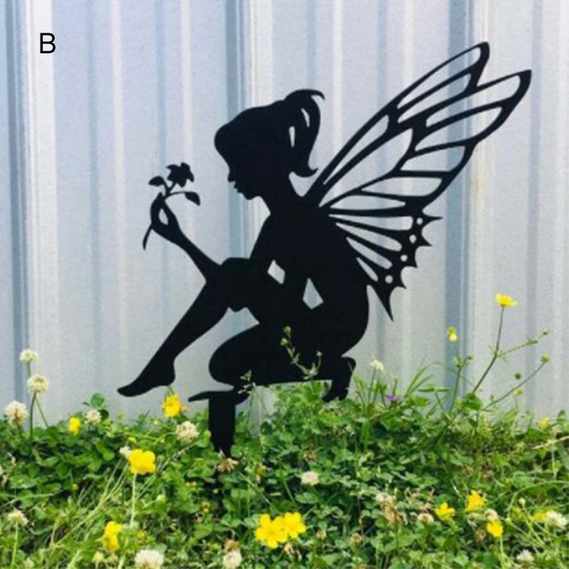 Silhouette of a fairy with wings holding a flower, set against a metal background. The foreground features vibrant yellow and white flowers and green foliage.