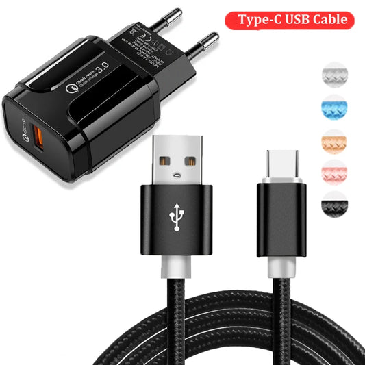 Black Qualcomm Quick Charge 3.0 wall charger and black Type-C USB cable. Displayed are five color options: gray, blue, white, pink, and black.