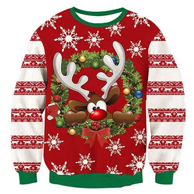 Red Christmas sweater featuring a cartoon reindeer with antlers inside a wreath, surrounded by colorful ornaments and snowflakes. White and red patterned sleeves and green cuffs.