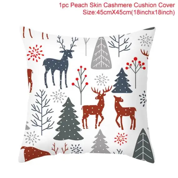 Festive cushion cover with a winter theme. Features deer, trees, and snowflakes in red, gray, and dark blue on a white background. Size: 45cmx45cm (18in x 18in).
