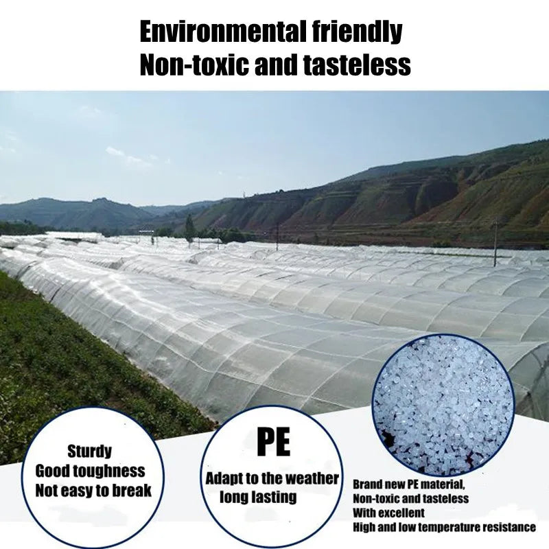 Plastic greenhouses in a hilly landscape, promoting PE material that's non-toxic, tasteless, sturdy, with weather adaptability and temperature resistance.