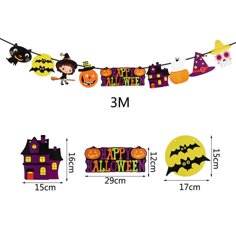 A 3-meter Halloween garland featuring a black cat, flying witch, pumpkin, "Happy Halloween" sign, haunted house, ghost, witch hat, and skull. Individual elements, such as the haunted house, sign, and bat circle, measure 15cm, 29cm, and 17cm respectively.
