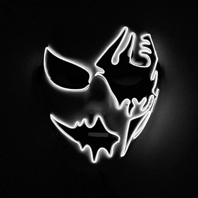 Neon-outlined mask with dark eyes and mouth on a black background, featuring asymmetric patterns and glowing white lines.