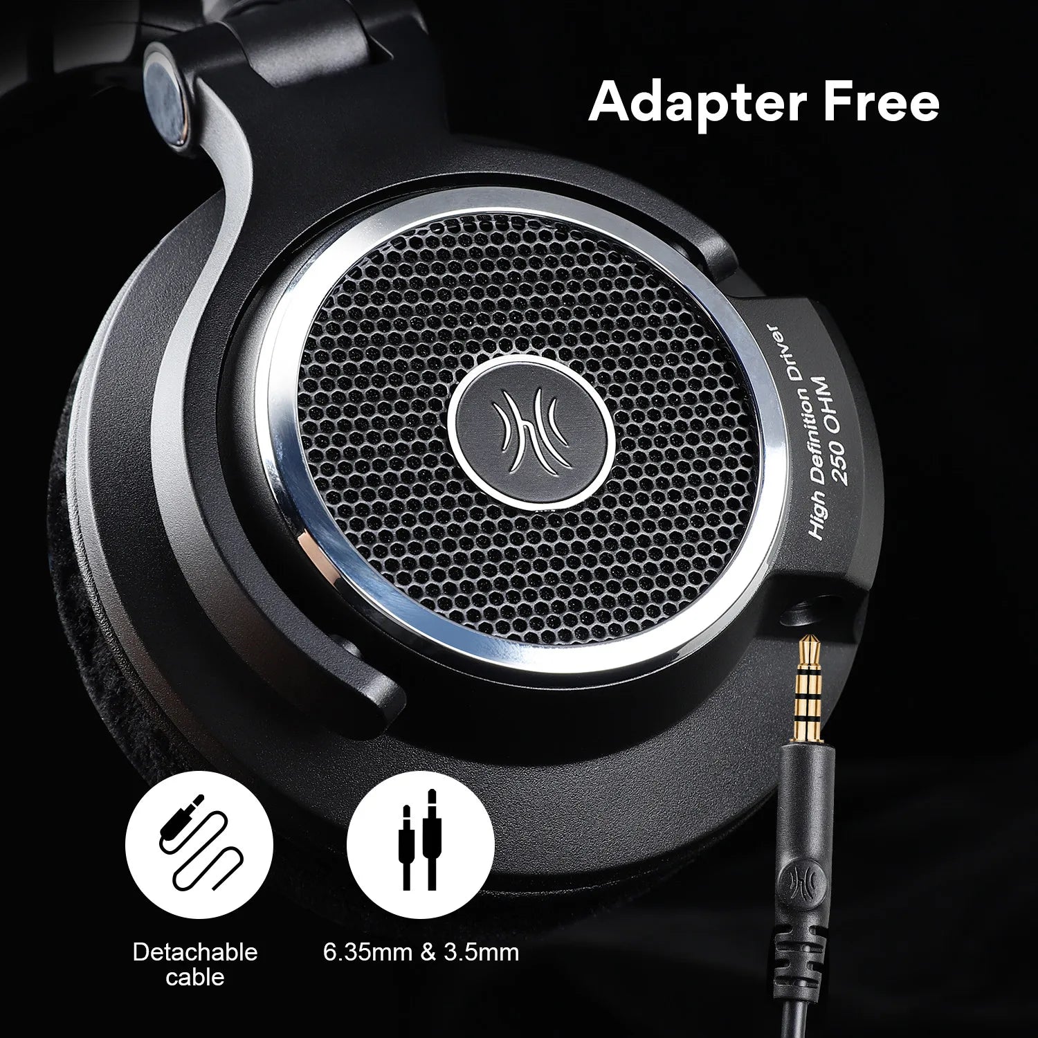 Close-up of black headphones with a mesh grille, showing "High Definition Driver 250 OHM" text. Features detachable cable with 6.35mm and 3.5mm jacks. Caption: "Adapter Free."