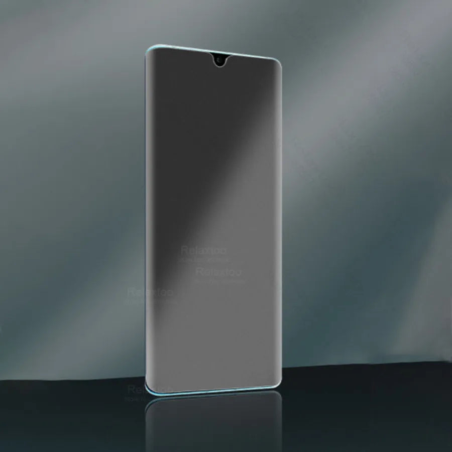 Sleek, futuristic smartphone with a full-screen display and small central notch, set against a gradient background.
