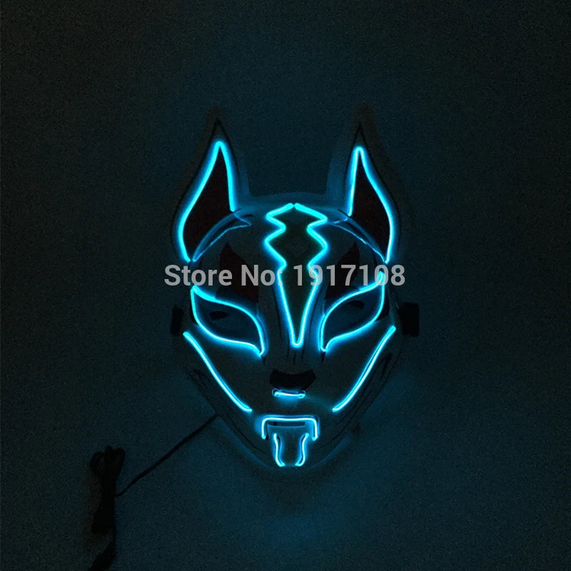 A glowing mask with fox-like features outlined in bright blue neon against a dark background, featuring pointed ears and bold, curved lines.