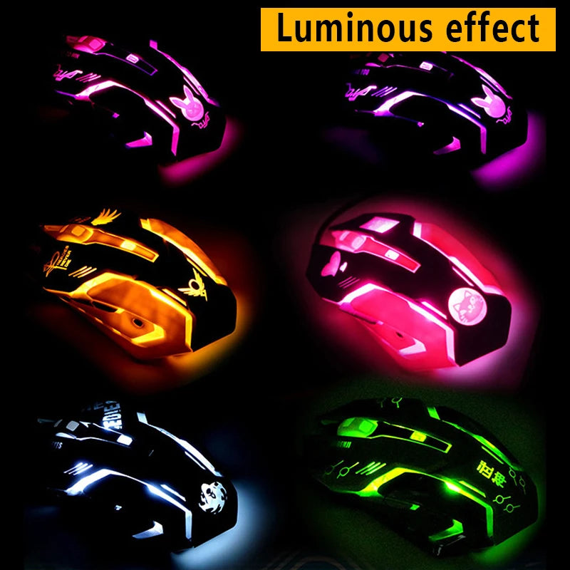Six gaming mice with vibrant LED lighting effects in pink, orange, red, blue, and green. The image showcases their luminous designs against a dark background.