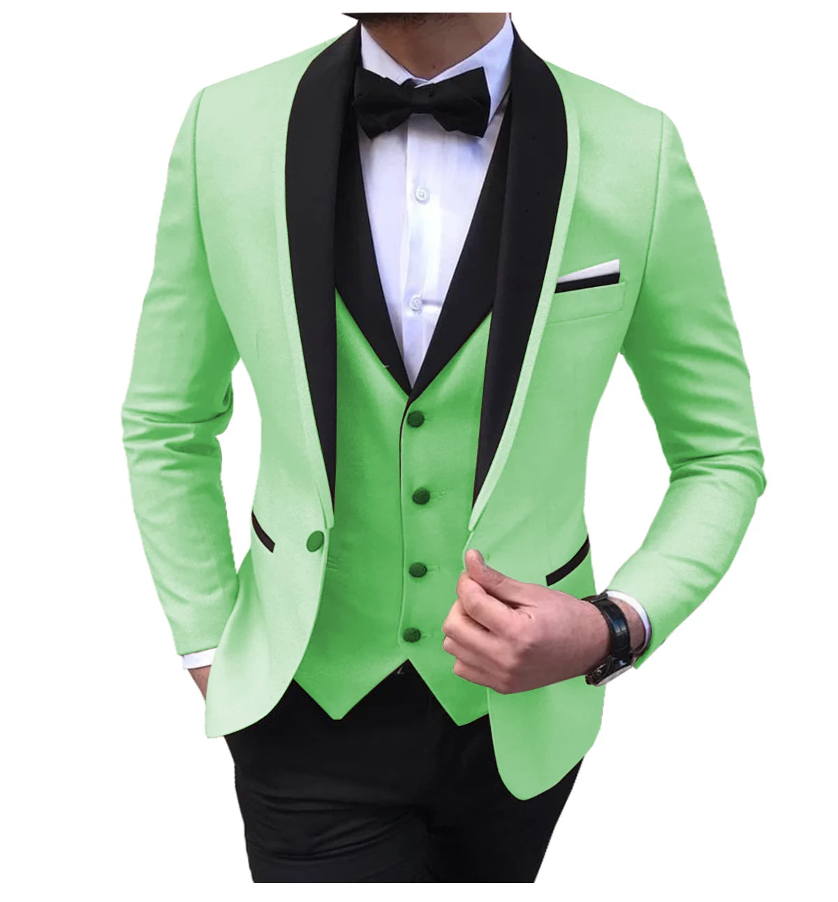 Man in a lime green suit with black lapels and trim, wearing a white shirt, black bow tie, and a black watch. The suit includes a matching vest and black trousers.