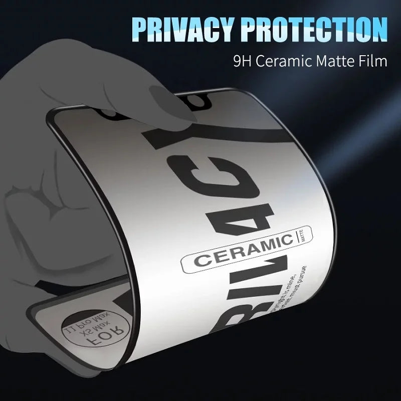 Illustration of a hand holding a 9H Ceramic Matte Film, with bold text "PRIVACY PROTECTION." The film is flexible, emphasizing its protective and privacy features.