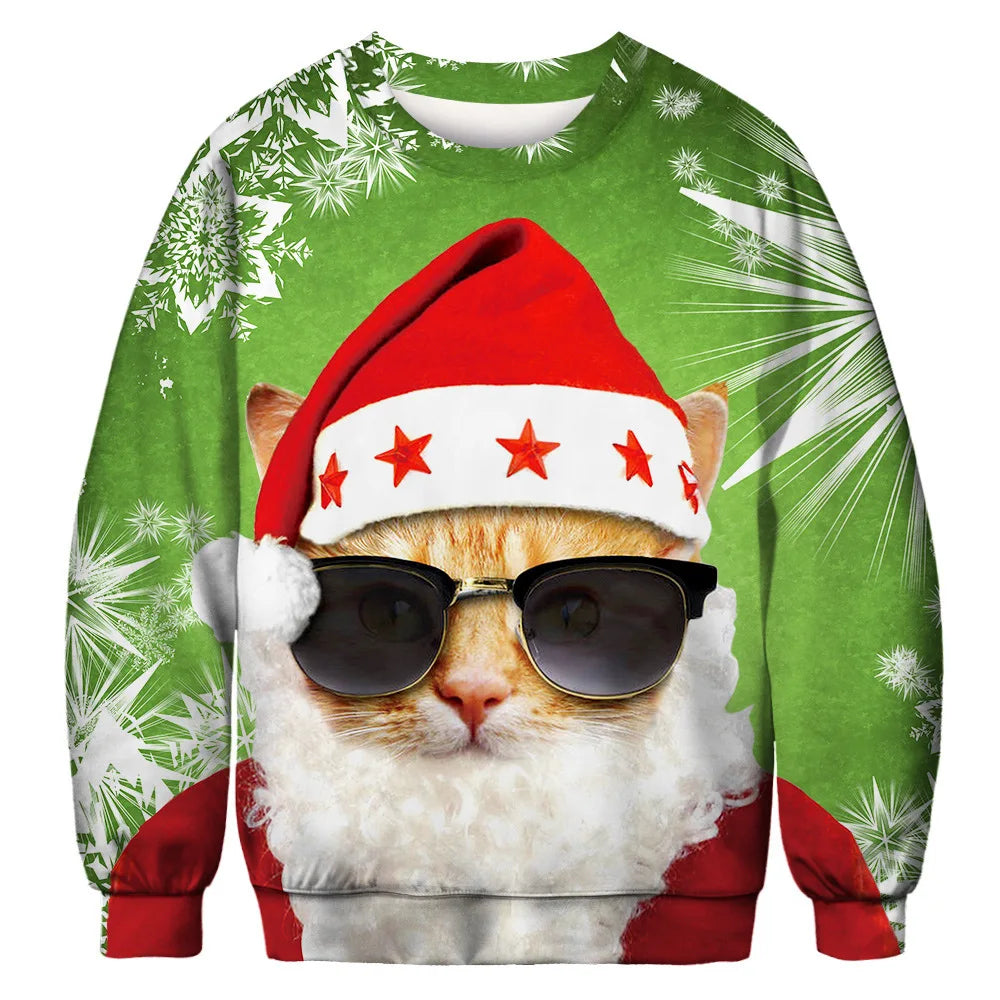 Christmas-themed sweatshirt featuring a cat wearing a Santa hat, sunglasses, and a fake white beard. Background is green with white snowflake designs.