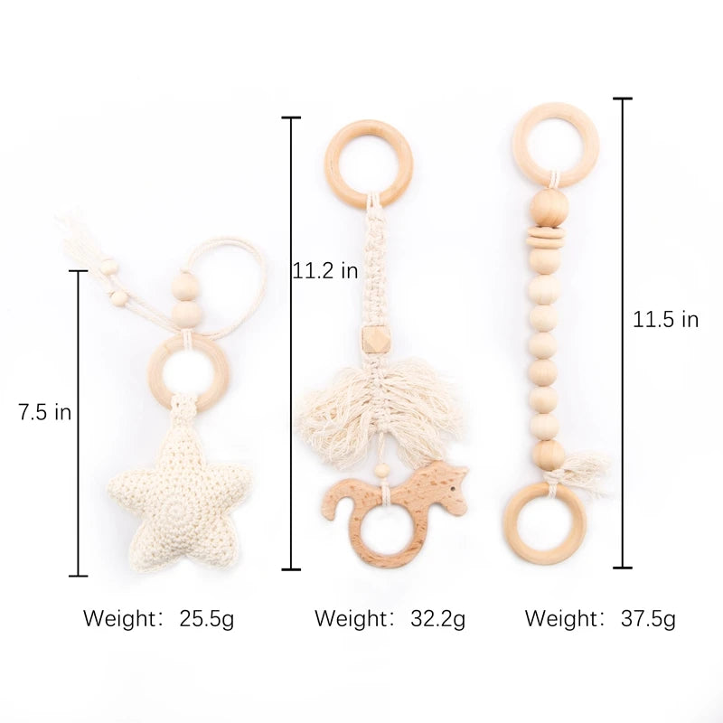 Three wooden baby teethers in different designs: a star (7.5 in, 25.5g), a horse (11.2 in, 32.2g), and beaded (11.5 in, 37.5g), with variety in textures and shapes.