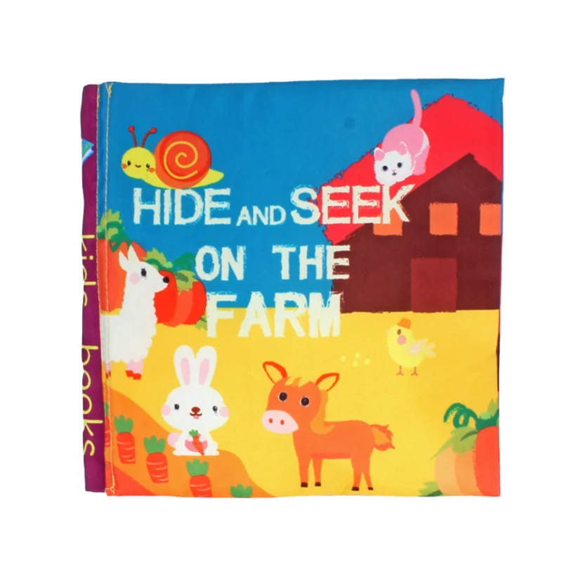 Colorful children's book cover titled "Hide and Seek on the Farm," featuring illustrations of a snail, llama, rabbit, horse, chick, and barn amidst a farm setting.
